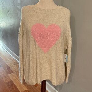 NWT CeCe Heather Cream Sweater with Pink Sequined Heart